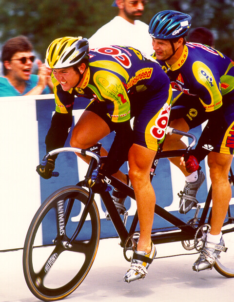 Picture of Garth Blackburn and Matt King competing in the Match Sprints at the 1999 Elite Nationals in Trexlertown, Pa.