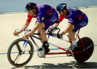 Mark Guerin and Matt King win the men's kilometer at the 2000 Paralympic Track Cycling Trials in Frisco, Texas. (Photo by Casey Gibson)