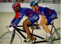 Kirk Whiteman and Matt competing in the men's match sprints at the 2000 Paralympic Track Cycling Trials in Frisco, Texas. (Photo by Casey Gibson)