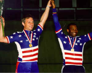 Kirk Whiteman and Matt win the men's match sprints at the 2000 Paralympic Track Cycling Trials in Frisco, Texas. (Photo by Casey Gibson)