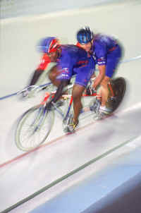 Kirk Whiteman and Matt racing at the WE Media Tandem Invitational in Trexlertown, Pennsylvania.(Photo by Donna Chiarelli, Lehigh Valley Velodrome)