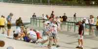 Kirk and Matt are checked out by medical staff at the 2000 Elite National Track Cycling Championships in Colorado Springs, Colo. The two suffered no serious injuries.