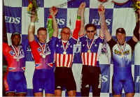 Kirk and Matt win silver at the 2000 EDS Elite National Track Cycling Championships in Colorado Springs, Colo. From left to right (Kirk Whiteman, Matt (second place)  Mike Grabowski, Mike Beers (first place), Chris Vogel and Paul Marshall (3rd place), Paul not pictured. 