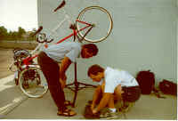 Spencer Yates and Matt repair the tandem before the big race...